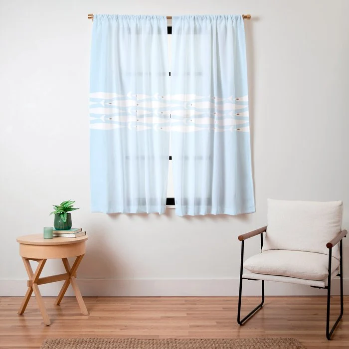 Coastal Minimalist Mid Century Modern Fish in Cool Light Blue White Brown Window Curtain