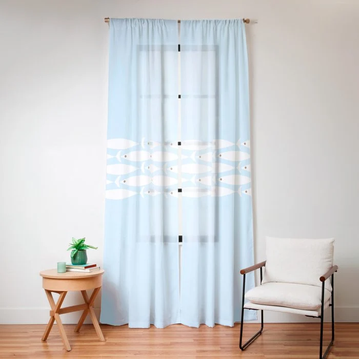 Coastal Minimalist Mid Century Modern Fish in Cool Light Blue White Brown Window Curtain