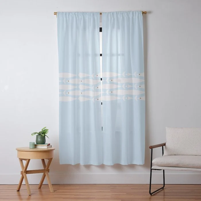 Coastal Minimalist Mid Century Modern Fish in Cool Light Blue White Brown Window Curtain