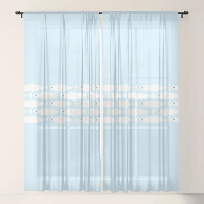 Coastal Minimalist Mid Century Modern Fish in Cool Light Blue White Brown Window Curtain