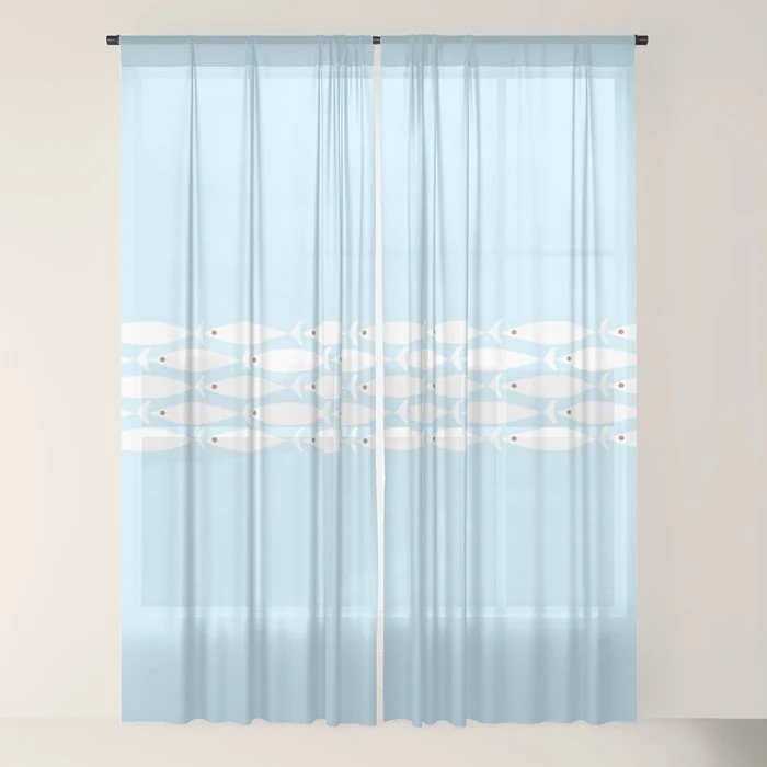 Coastal Minimalist Mid Century Modern Fish in Cool Light Blue White Brown Window Curtain