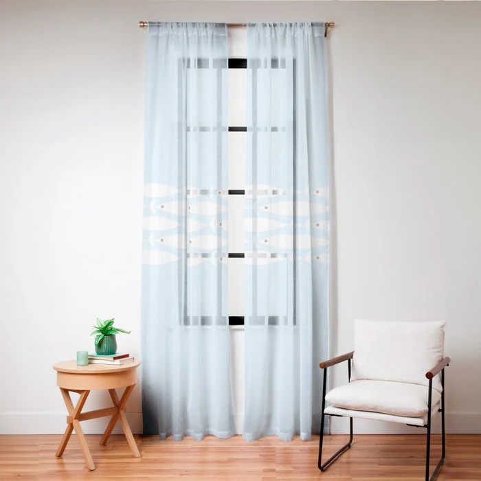 Coastal Minimalist Mid Century Modern Fish in Cool Light Blue White Brown Window Curtain