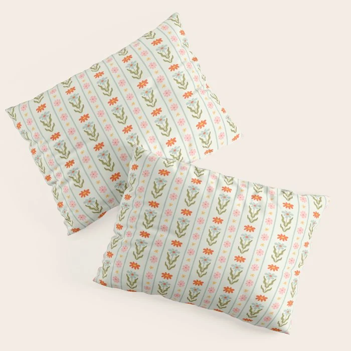 Vintage colorful flower stripe art pattern Pillow Sham