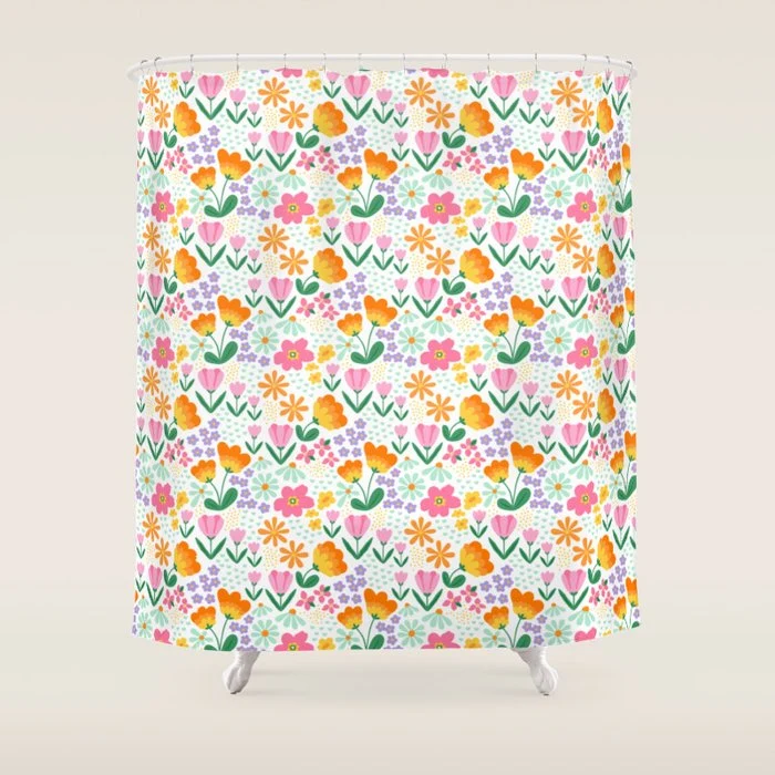 Colorful retro flower folk art pattern Shower Curtain