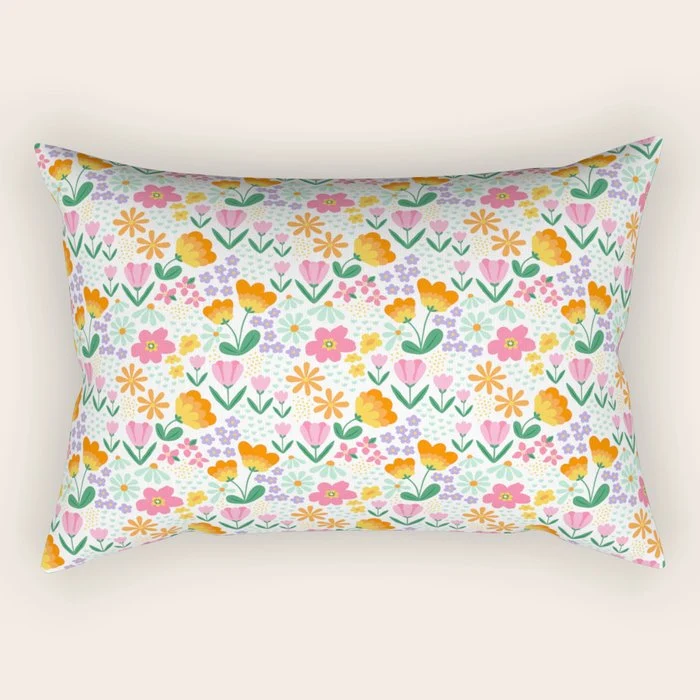 Colorful retro flower folk art pattern Rectangular Pillow
