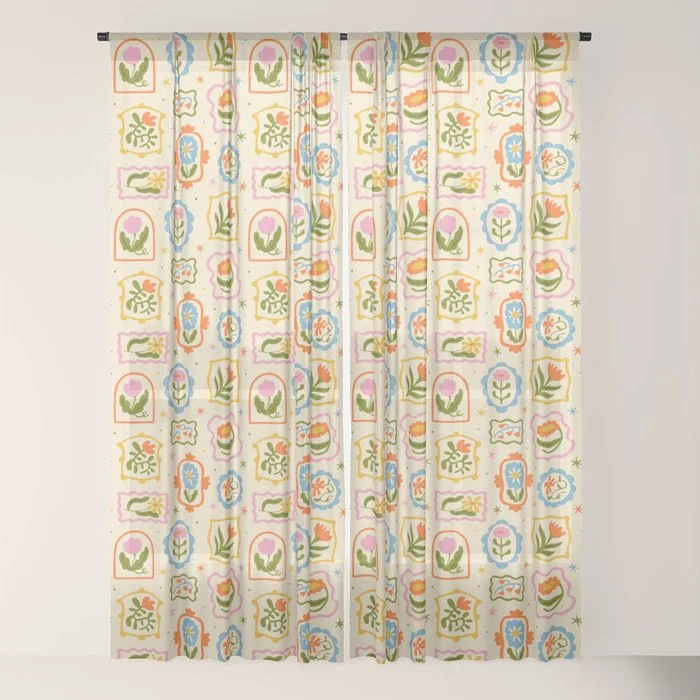 Colorful retro flower art frame art pattern Window Curtain