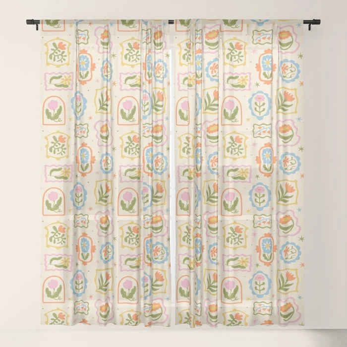 Colorful retro flower art frame art pattern Window Curtain