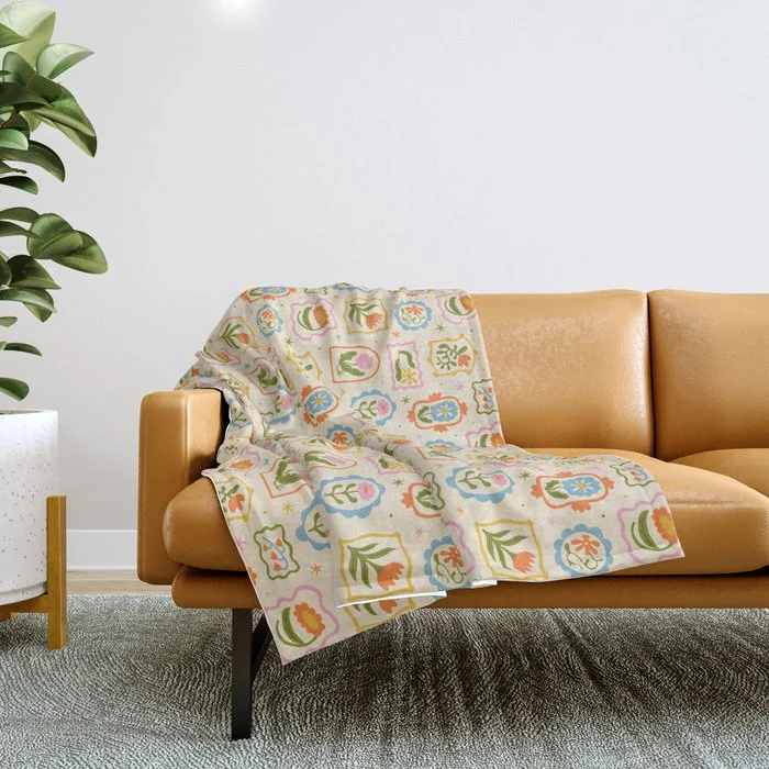 Colorful retro flower art frame art pattern Throw Blanket
