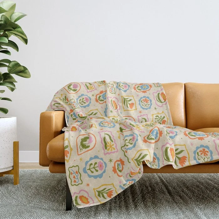 Colorful retro flower art frame art pattern Throw Blanket