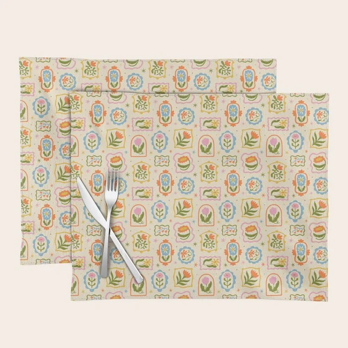 Colorful retro flower art frame art pattern Placemat