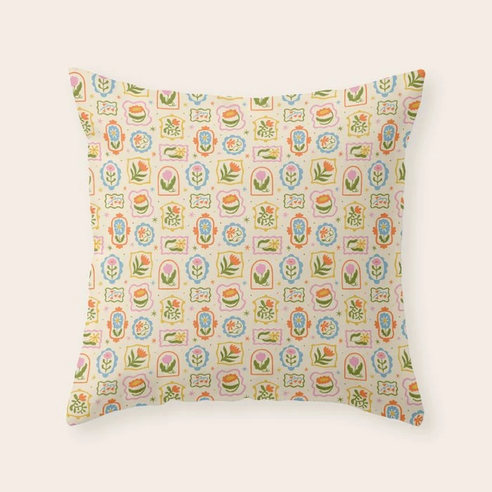 Colorful retro flower art frame art pattern Throw Pillow