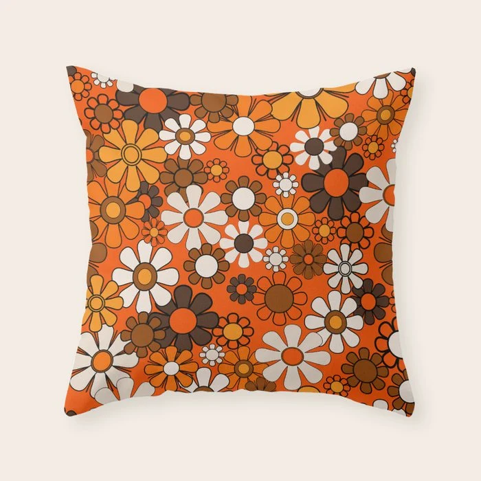 Retro 70s Floral Pattern Groovy Garden Flowers in Orange and Brown Throw Pillow