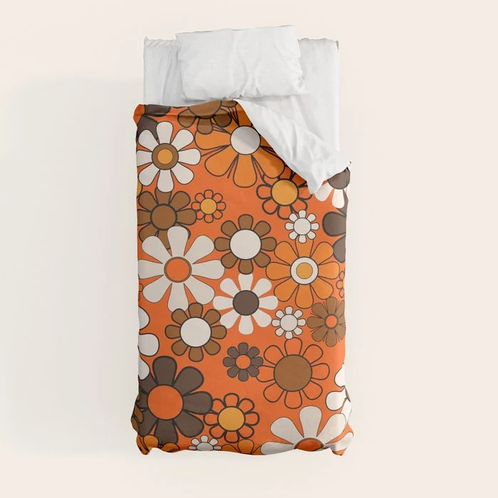 Retro 70s Floral Pattern Groovy Garden Flowers in Orange and Brown Duvet Cover