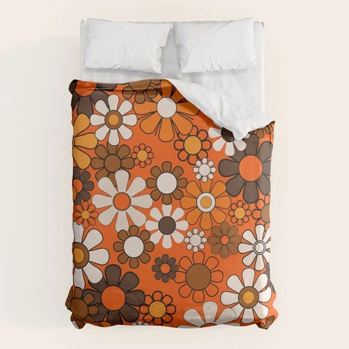 Retro 70s Floral Pattern Groovy Garden Flowers in Orange and Brown Duvet Cover
