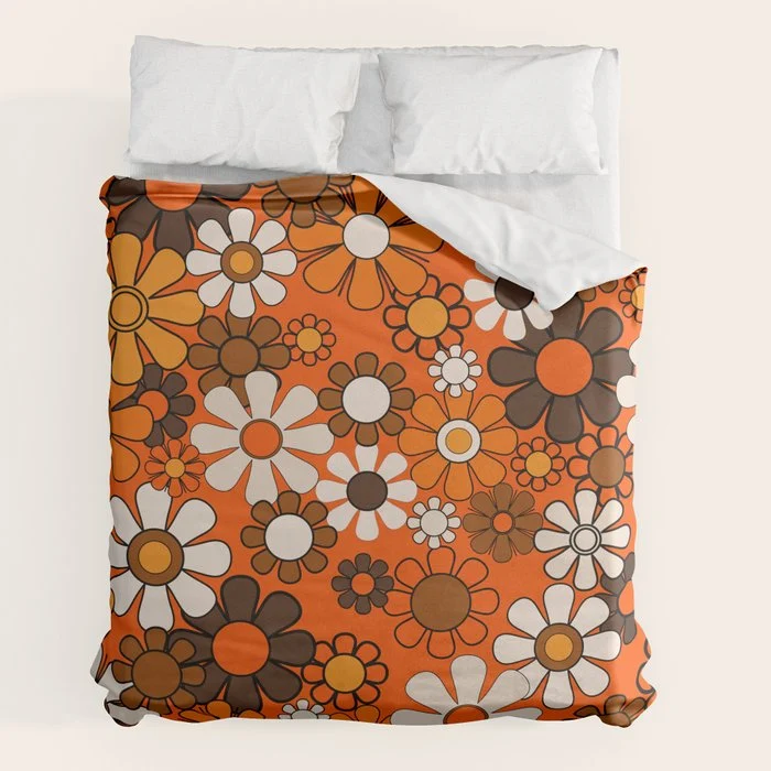 Retro 70s Floral Pattern Groovy Garden Flowers in Orange and Brown Duvet Cover