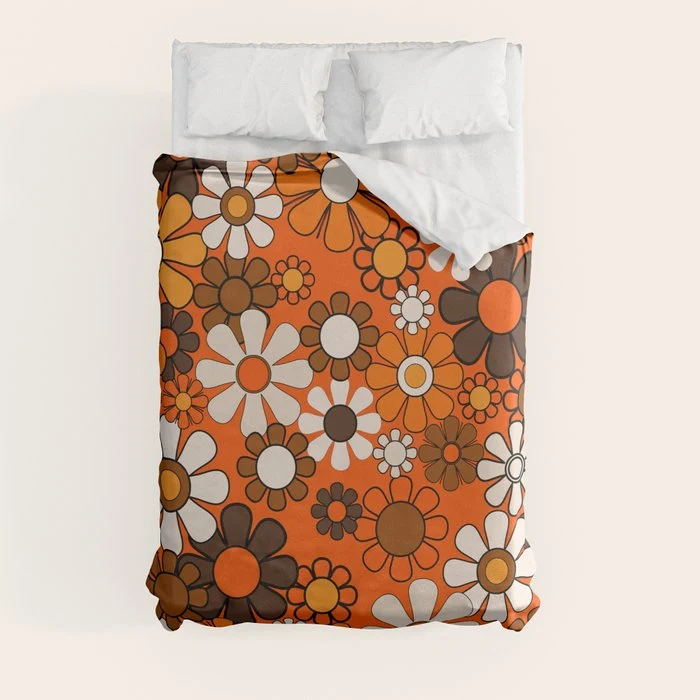 Retro 70s Floral Pattern Groovy Garden Flowers in Orange and Brown Duvet Cover