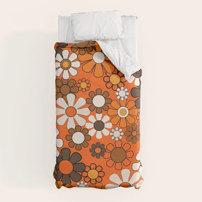 Retro 70s Floral Pattern Groovy Garden Flowers in Orange and Brown Duvet Cover