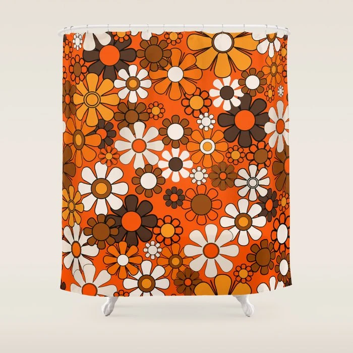 Retro 70s Floral Pattern Groovy Garden Flowers in Orange and Brown Shower Curtain