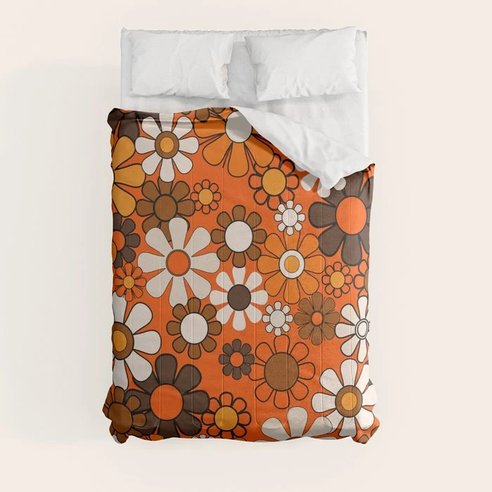 Retro 70s Floral Pattern Groovy Garden Flowers in Orange and Brown Comforter
