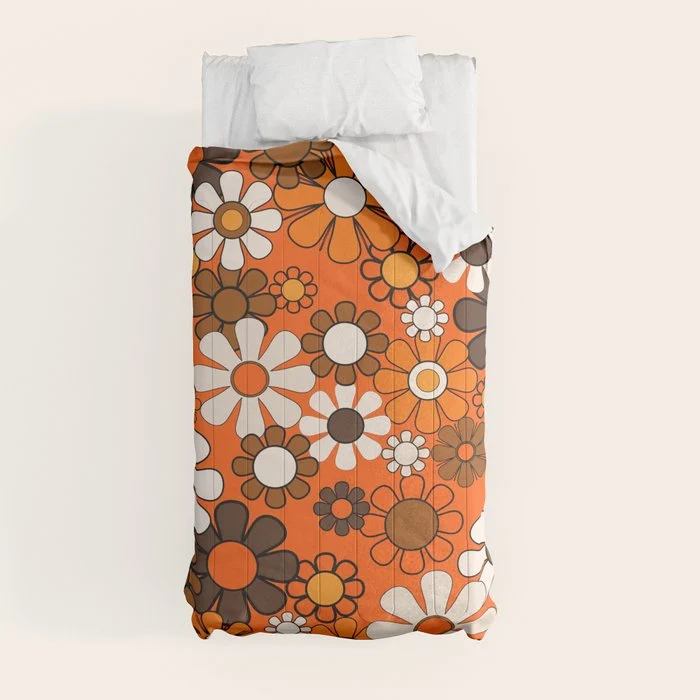 Retro 70s Floral Pattern Groovy Garden Flowers in Orange and Brown Comforter