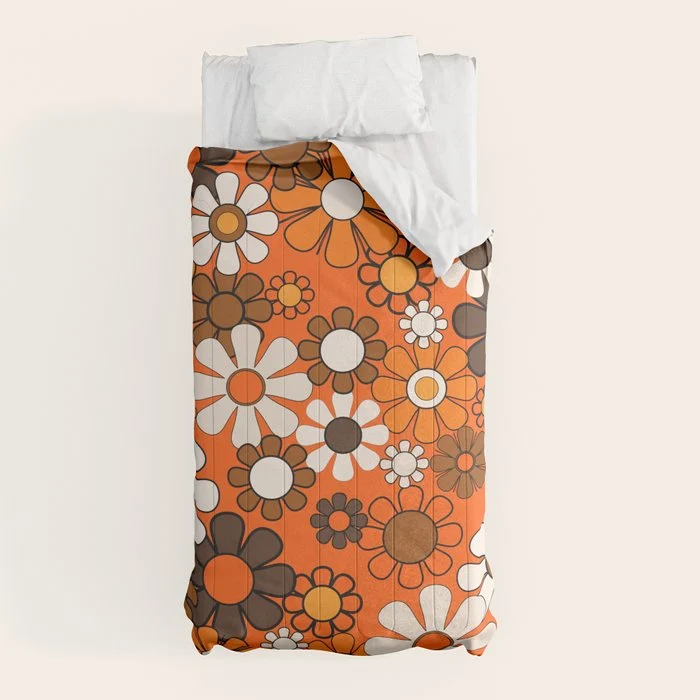 Retro 70s Floral Pattern Groovy Garden Flowers in Orange and Brown Comforter
