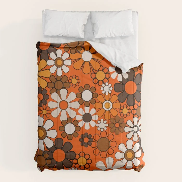 Retro 70s Floral Pattern Groovy Garden Flowers in Orange and Brown Comforter