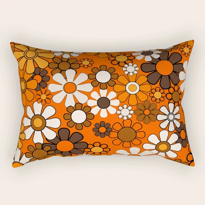 Retro 70s Floral Pattern Groovy Garden Flowers in Orange and Brown Rectangular Pillow