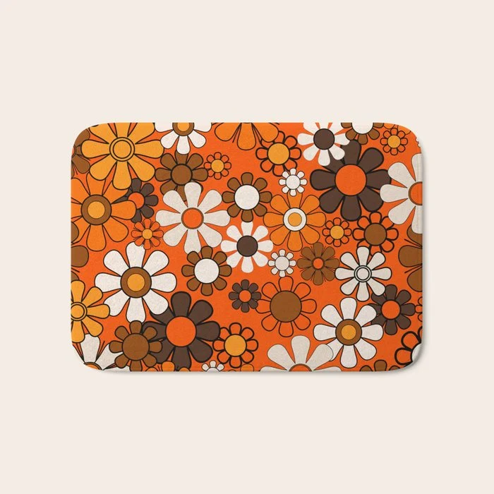 Retro 70s Floral Pattern Groovy Garden Flowers in Orange and Brown Bath Mat