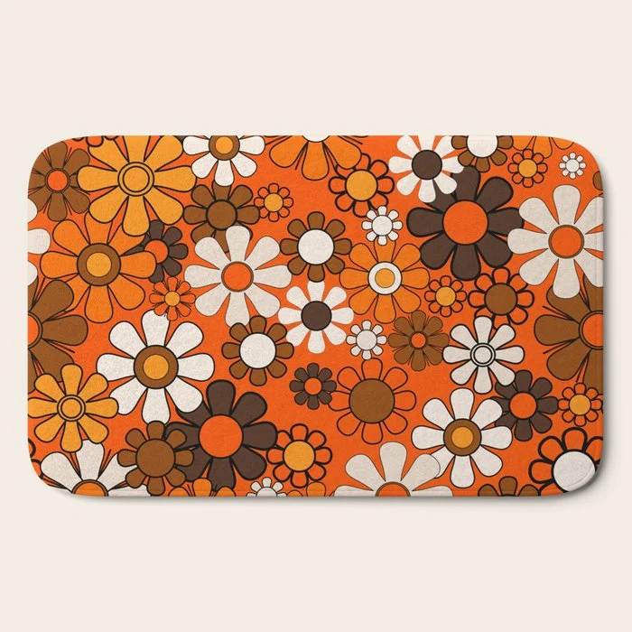 Retro 70s Floral Pattern Groovy Garden Flowers in Orange and Brown Bath Mat