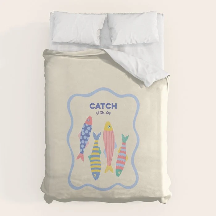 Catch of the Day - Playful Retro Sardine in fun stripes and dots Duvet Cover