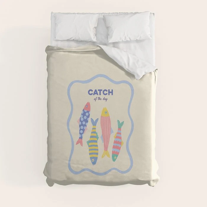 Catch of the Day - Playful Retro Sardine in fun stripes and dots Duvet Cover