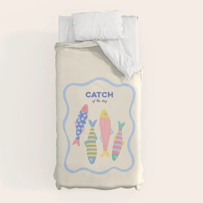 Catch of the Day - Playful Retro Sardine in fun stripes and dots Duvet Cover