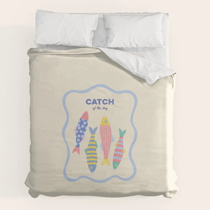 Catch of the Day - Playful Retro Sardine in fun stripes and dots Duvet Cover