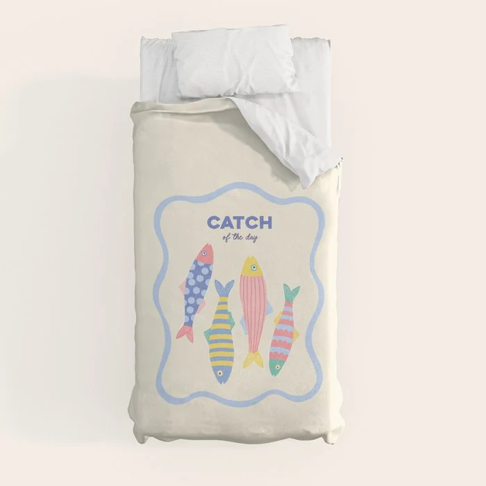 Catch of the Day - Playful Retro Sardine in fun stripes and dots Duvet Cover