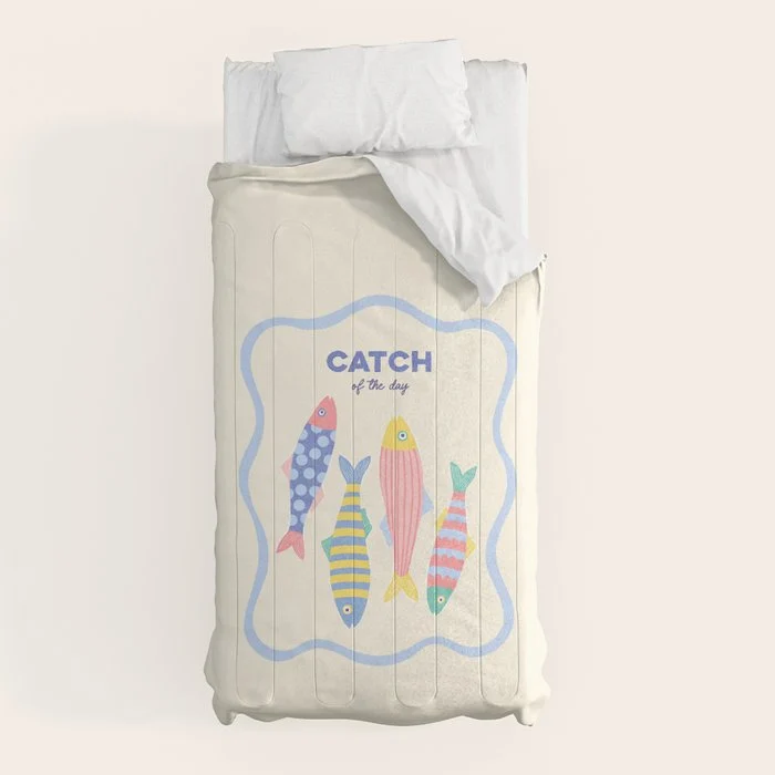 Catch of the Day - Playful Retro Sardine in fun stripes and dots Comforter
