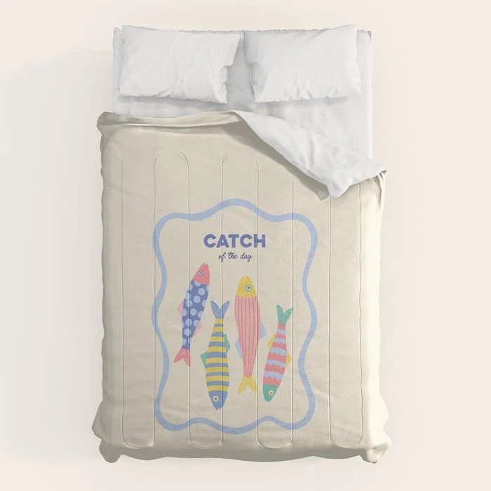 Catch of the Day - Playful Retro Sardine in fun stripes and dots Comforter