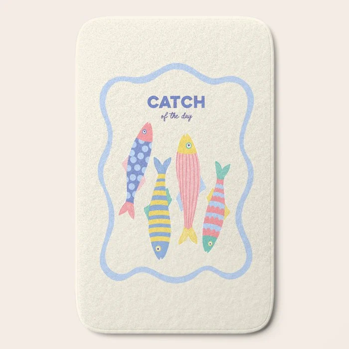 Catch of the Day - Playful Retro Sardine in fun stripes and dots Bath Mat