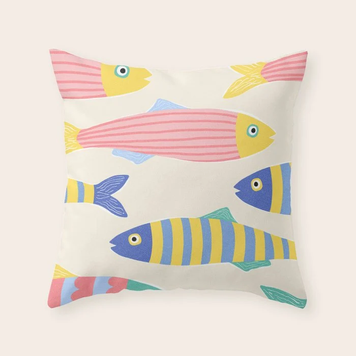 SEA LA VIE - Coastal Pun Fish Art with dots and stripes Throw Pillow