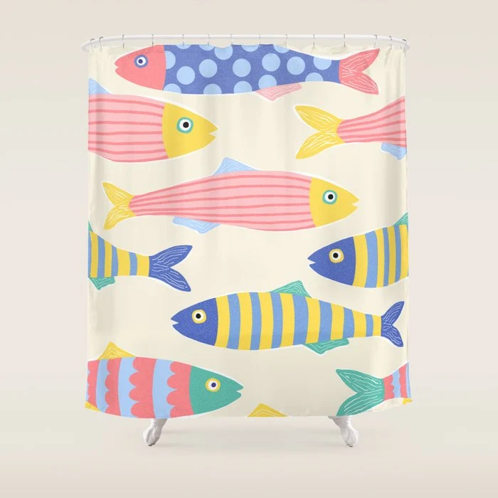 SEA LA VIE - Coastal Pun Fish Art with dots and stripes Shower Curtain