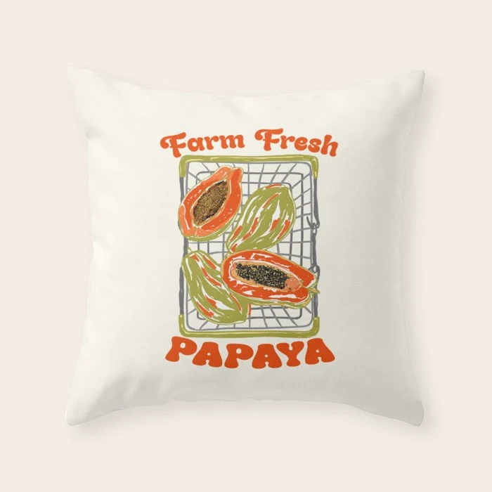 Farm Fresh Papaya Shopping Cart Vintage Illustration Throw Pillow