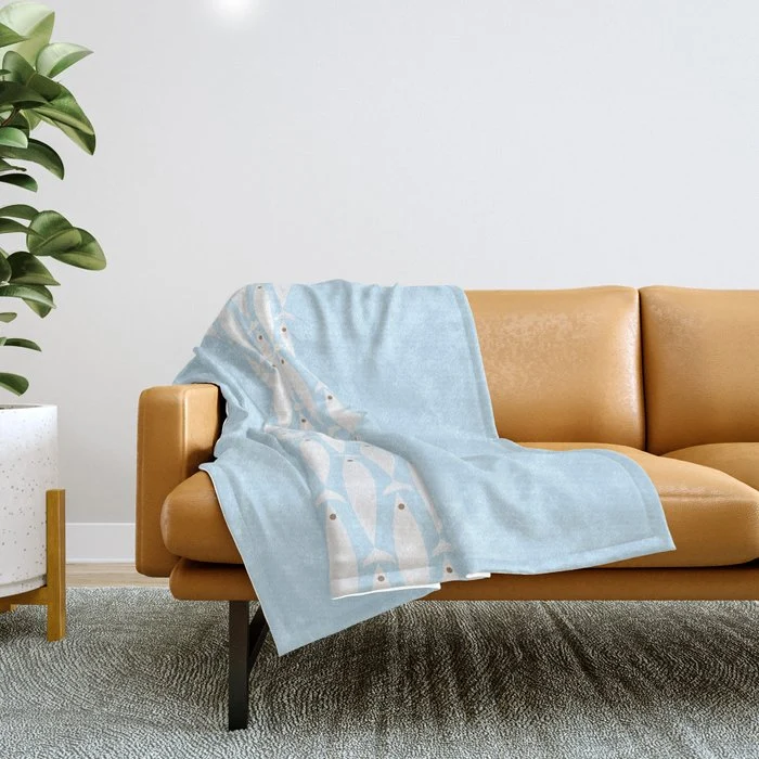 Coastal Minimalist Mid Century Modern Fish in Cool Light Blue White Brown Throw Blanket