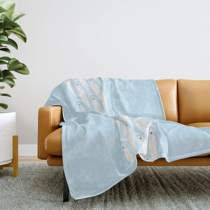 Coastal Minimalist Mid Century Modern Fish in Cool Light Blue White Brown Throw Blanket
