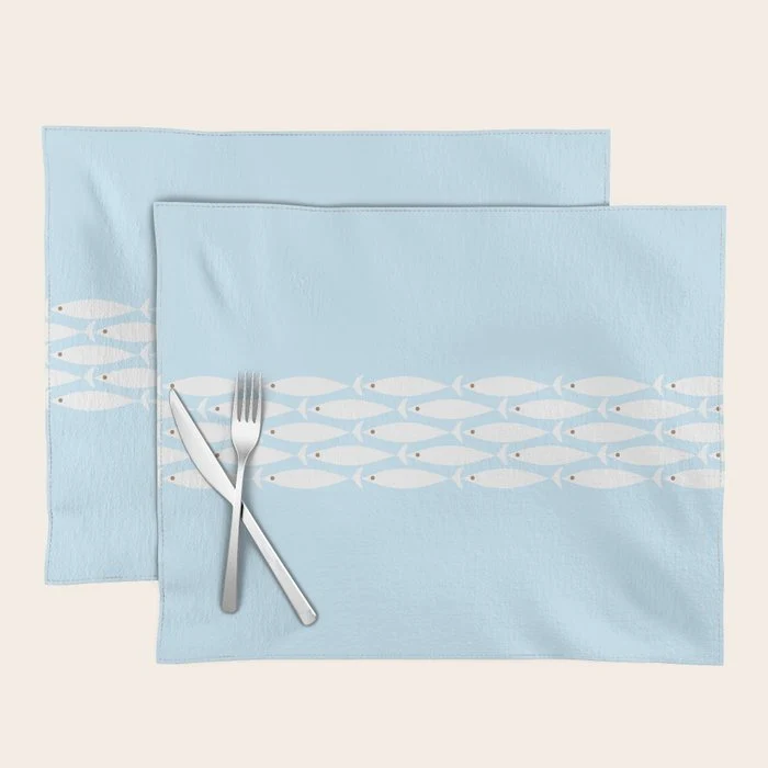 Coastal Minimalist Mid Century Modern Fish in Cool Light Blue White Brown Placemat