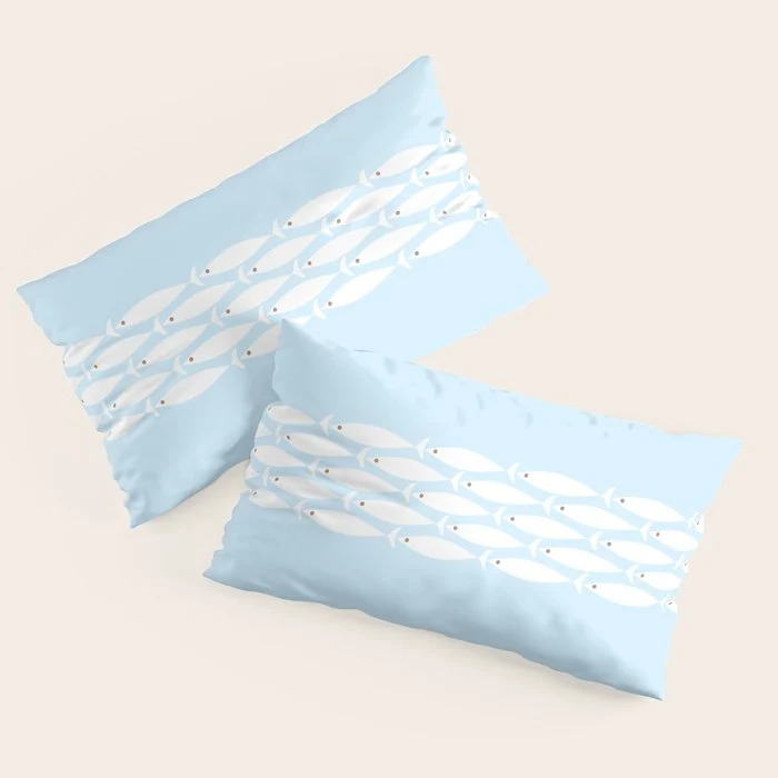 Coastal Minimalist Mid Century Modern Fish in Cool Light Blue White Brown Pillow Sham