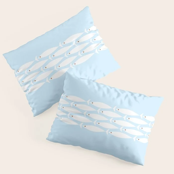 Coastal Minimalist Mid Century Modern Fish in Cool Light Blue White Brown Pillow Sham