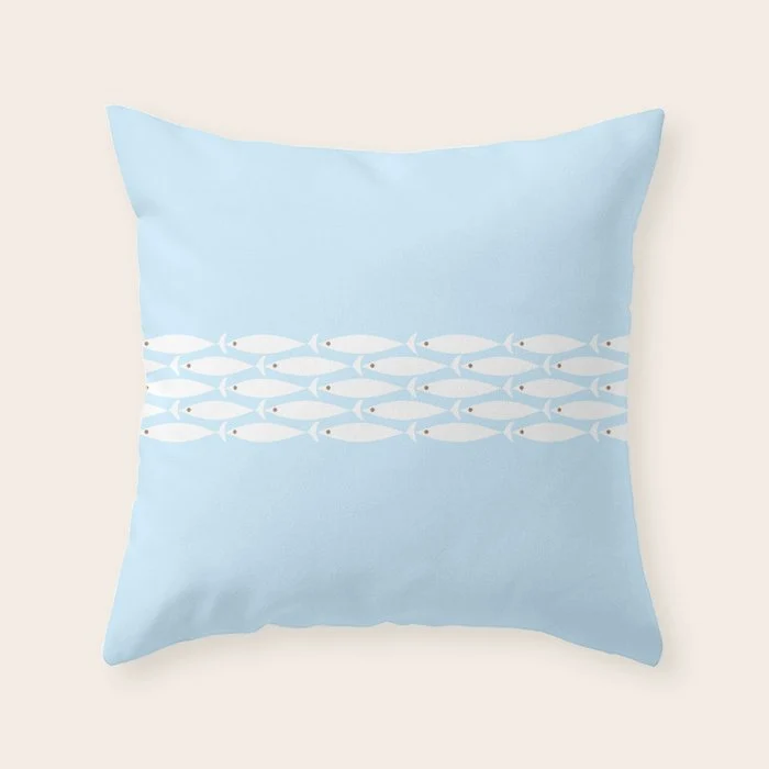 Coastal Minimalist Mid Century Modern Fish in Cool Light Blue White Brown Throw Pillow