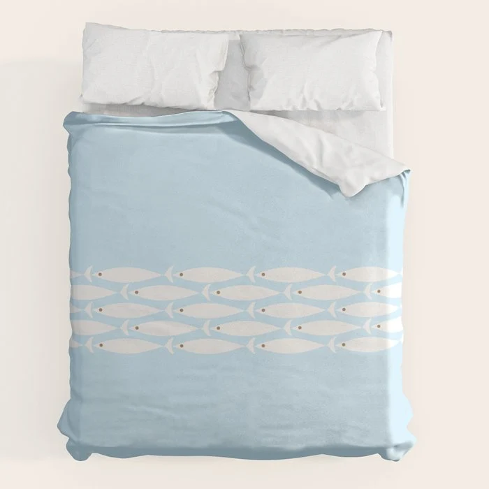 Coastal Minimalist Mid Century Modern Fish in Cool Light Blue White Brown Duvet Cover