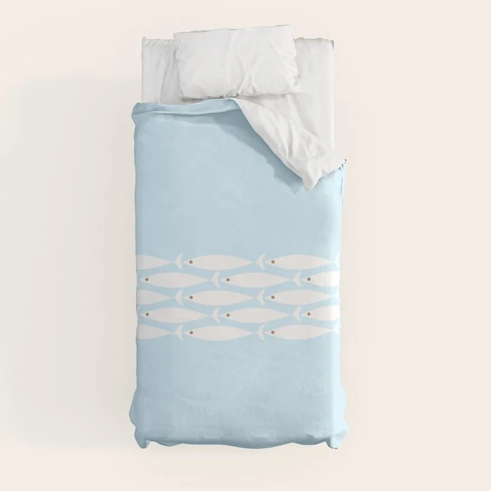 Coastal Minimalist Mid Century Modern Fish in Cool Light Blue White Brown Duvet Cover