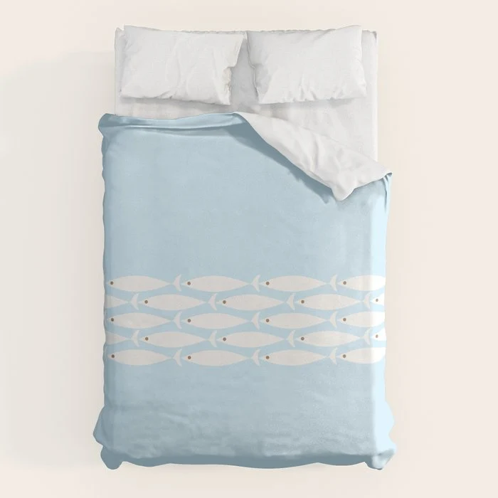 Coastal Minimalist Mid Century Modern Fish in Cool Light Blue White Brown Duvet Cover