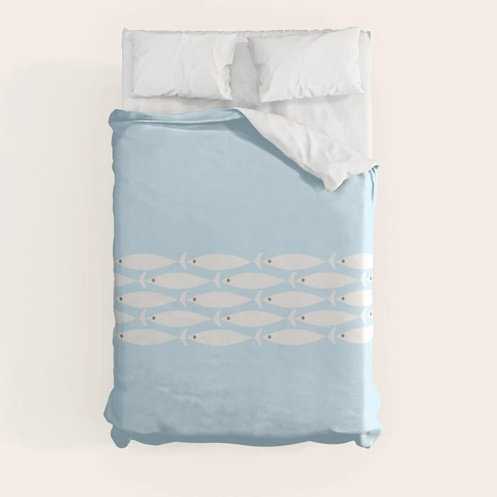 Coastal Minimalist Mid Century Modern Fish in Cool Light Blue White Brown Duvet Cover